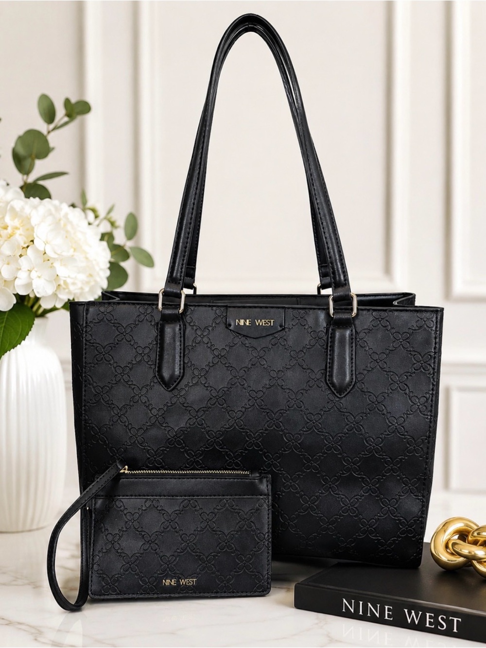 Nine West Embossed Black Tote with Matching Wristlet